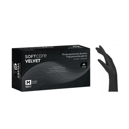Soft Care Velvet Γάντια Βινυλίου Μαύρα Χωρίς Πούδρα Medium 100τμχ