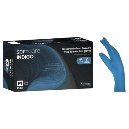 Soft Care Indigo Γαντια Βινυλιου Χωρις Πουδρα Μπλε Medium