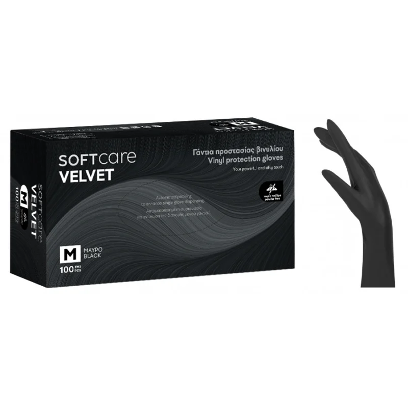 95-87-011-1 Soft Care Velvet Γαντια Βινυλιου Μαυρα Large 100τμχ